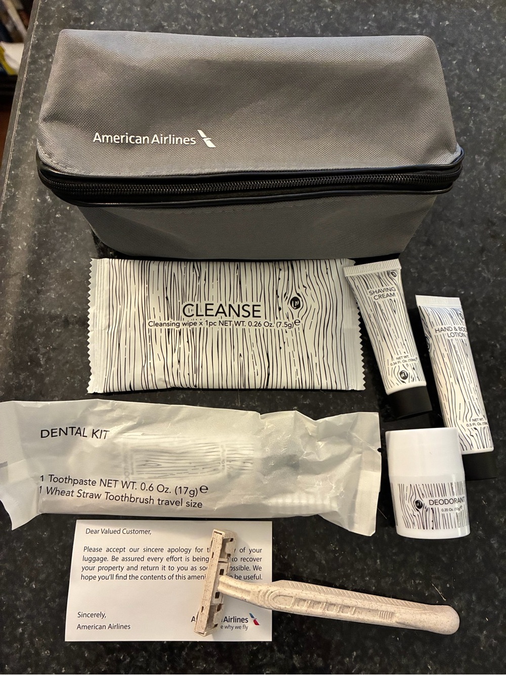 American Airlines Gray Lost Luggage Amenity Toiletry Kit, Shaving Dental Etc New